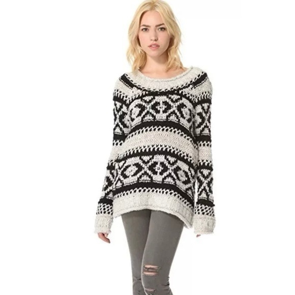 Free People Black and White Patterned Sweater size medium fair isle wool blend - Picture 1 of 9